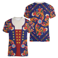 Norwegian Male Bunad Women V-Neck T-Shirt with Rosemaling Folk Art Navy Color - Wonder Print Shop