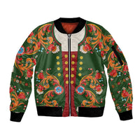 Norwegian Male Bunad Sleeve Zip Bomber Jacket with Rosemaling Folk Art Green Color - Wonder Print Shop