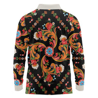 Norwegian Male Bunad Long Sleeve Polo Shirt with Rosemaling Folk Art Black Color - Wonder Print Shop