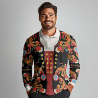 Norwegian Male Bunad Long Sleeve Polo Shirt with Rosemaling Folk Art Black Color - Wonder Print Shop