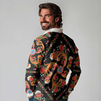 Norwegian Male Bunad Long Sleeve Polo Shirt with Rosemaling Folk Art Black Color - Wonder Print Shop