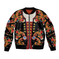 Norwegian Male Bunad Sleeve Zip Bomber Jacket with Rosemaling Folk Art Black Color - Wonder Print Shop