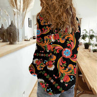 Norwegian Male Bunad Women Casual Shirt with Rosemaling Folk Art Black Color - Wonder Print Shop