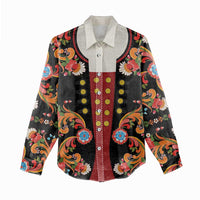 Norwegian Male Bunad Women Casual Shirt with Rosemaling Folk Art Black Color - Wonder Print Shop