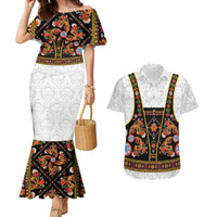 Norwegian Female Bunad Couples Matching Mermaid Dress and Hawaiian Shirt with Rosemaling Folk Art Black Color - Wonder Print Shop