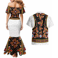 Norwegian Female Bunad Couples Matching Mermaid Dress and Hawaiian Shirt with Rosemaling Folk Art Black Color - Wonder Print Shop