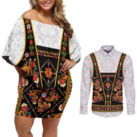 Norwegian Female Bunad Couples Matching Off Shoulder Short Dress and Long Sleeve Button Shirt with Rosemaling Folk Art Black Color - Wonder Print Shop