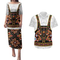 Norwegian Female Bunad Couples Matching Puletasi and Hawaiian Shirt with Rosemaling Folk Art Black Color - Wonder Print Shop