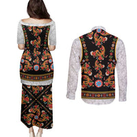 Norwegian Female Bunad Couples Matching Puletasi and Long Sleeve Button Shirt with Rosemaling Folk Art Black Color - Wonder Print Shop