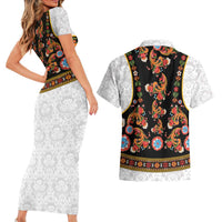 Norwegian Female Bunad Couples Matching Short Sleeve Bodycon Dress and Hawaiian Shirt with Rosemaling Folk Art Black Color - Wonder Print Shop