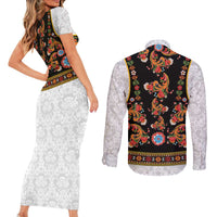 Norwegian Female Bunad Couples Matching Short Sleeve Bodycon Dress and Long Sleeve Button Shirt with Rosemaling Folk Art Black Color - Wonder Print Shop