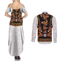 Norwegian Female Bunad Couples Matching Summer Maxi Dress and Long Sleeve Button Shirt with Rosemaling Folk Art Black Color - Wonder Print Shop