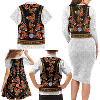 Norwegian Female Bunad Family Matching Long Sleeve Bodycon Dress and Hawaiian Shirt with Rosemaling Folk Art Black Color - Wonder Print Shop