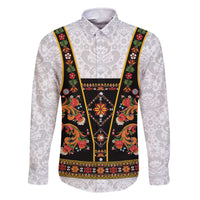 Norwegian Female Bunad Family Matching Off The Shoulder Long Sleeve Dress and Hawaiian Shirt with Rosemaling Folk Art Black Color - Wonder Print Shop