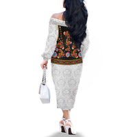 Norwegian Female Bunad Family Matching Off The Shoulder Long Sleeve Dress and Hawaiian Shirt with Rosemaling Folk Art Black Color - Wonder Print Shop