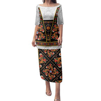 Norwegian Female Bunad Family Matching Puletasi and Hawaiian Shirt with Rosemaling Folk Art Black Color - Wonder Print Shop