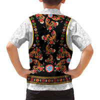 Norwegian Female Bunad Family Matching Short Sleeve Bodycon Dress and Hawaiian Shirt with Rosemaling Folk Art Black Color - Wonder Print Shop