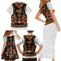 Norwegian Female Bunad Family Matching Short Sleeve Bodycon Dress and Hawaiian Shirt with Rosemaling Folk Art Black Color - Wonder Print Shop