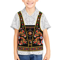 Norwegian Female Bunad Family Matching Short Sleeve Bodycon Dress and Hawaiian Shirt with Rosemaling Folk Art Black Color - Wonder Print Shop