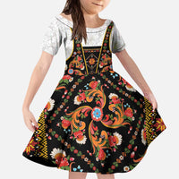 Norwegian Female Bunad Kid Short Sleeve Dress with Rosemaling Folk Art Black Color - Wonder Print Shop