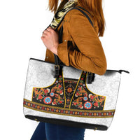 Norwegian Female Bunad Leather Tote Bag with Rosemaling Folk Art Black Color - Wonder Print Shop