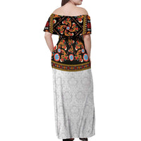 Norwegian Female Bunad Off Shoulder Maxi Dress with Rosemaling Folk Art Black Color - Wonder Print Shop