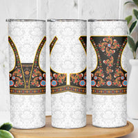 Norwegian Female Bunad Skinny Tumbler with Rosemaling Folk Art Black Color - Wonder Print Shop