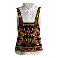 Norwegian Female Bunad Women Sleeveless Polo Shirt with Rosemaling Folk Art Black Color - Wonder Print Shop