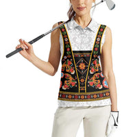 Norwegian Female Bunad Women Sleeveless Polo Shirt with Rosemaling Folk Art Black Color - Wonder Print Shop