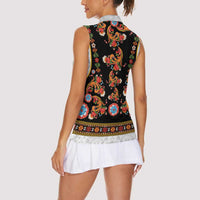 Norwegian Female Bunad Women Sleeveless Polo Shirt with Rosemaling Folk Art Black Color - Wonder Print Shop