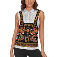 Norwegian Female Bunad Women Sleeveless Polo Shirt with Rosemaling Folk Art Black Color - Wonder Print Shop