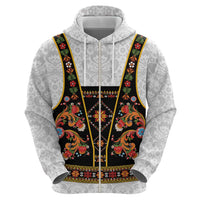 Norwegian Female Bunad Zip Hoodie with Rosemaling Folk Art Black Color - Wonder Print Shop