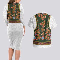 Norwegian Female Bunad Couples Matching Long Sleeve Bodycon Dress and Hawaiian Shirt with Rosemaling Folk Art Green Color - Wonder Print Shop