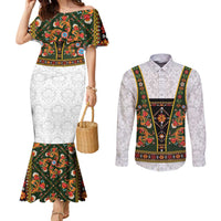 Norwegian Female Bunad Couples Matching Mermaid Dress and Long Sleeve Button Shirt with Rosemaling Folk Art Green Color - Wonder Print Shop