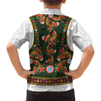 Norwegian Female Bunad Family Matching Long Sleeve Bodycon Dress and Hawaiian Shirt with Rosemaling Folk Art Green Color - Wonder Print Shop