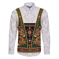 Norwegian Female Bunad Family Matching Long Sleeve Bodycon Dress and Hawaiian Shirt with Rosemaling Folk Art Green Color - Wonder Print Shop