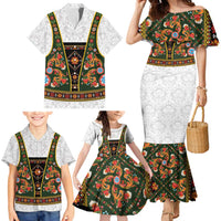 Norwegian Female Bunad Family Matching Mermaid Dress and Hawaiian Shirt with Rosemaling Folk Art Green Color - Wonder Print Shop