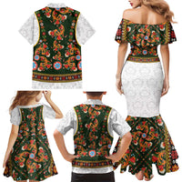 Norwegian Female Bunad Family Matching Mermaid Dress and Hawaiian Shirt with Rosemaling Folk Art Green Color - Wonder Print Shop