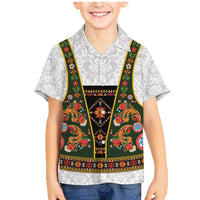 Norwegian Female Bunad Family Matching Mermaid Dress and Hawaiian Shirt with Rosemaling Folk Art Green Color - Wonder Print Shop