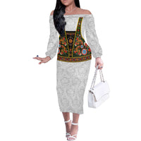 Norwegian Female Bunad Family Matching Off The Shoulder Long Sleeve Dress and Hawaiian Shirt with Rosemaling Folk Art Green Color - Wonder Print Shop