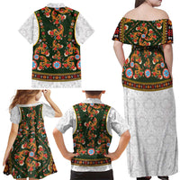 Norwegian Female Bunad Family Matching Off Shoulder Maxi Dress and Hawaiian Shirt with Rosemaling Folk Art Green Color - Wonder Print Shop