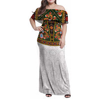 Norwegian Female Bunad Family Matching Off Shoulder Maxi Dress and Hawaiian Shirt with Rosemaling Folk Art Green Color - Wonder Print Shop