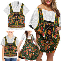 Norwegian Female Bunad Family Matching Off Shoulder Short Dress and Hawaiian Shirt with Rosemaling Folk Art Green Color - Wonder Print Shop