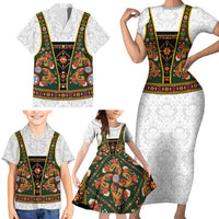 Norwegian Female Bunad Family Matching Short Sleeve Bodycon Dress and Hawaiian Shirt with Rosemaling Folk Art Green Color - Wonder Print Shop