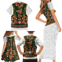 Norwegian Female Bunad Family Matching Short Sleeve Bodycon Dress and Hawaiian Shirt with Rosemaling Folk Art Green Color - Wonder Print Shop