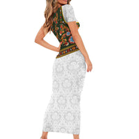 Norwegian Female Bunad Family Matching Short Sleeve Bodycon Dress and Hawaiian Shirt with Rosemaling Folk Art Green Color - Wonder Print Shop