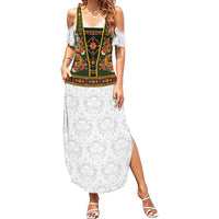 Norwegian Female Bunad Family Matching Summer Maxi Dress and Hawaiian Shirt with Rosemaling Folk Art Green Color - Wonder Print Shop