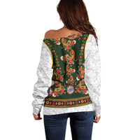 Norwegian Female Bunad Off Shoulder Sweater with Rosemaling Folk Art Green Color - Wonder Print Shop