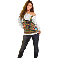 Norwegian Female Bunad Off Shoulder Sweater with Rosemaling Folk Art Green Color - Wonder Print Shop