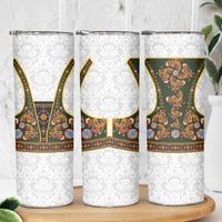 Norwegian Female Bunad Skinny Tumbler with Rosemaling Folk Art Green Color - Wonder Print Shop